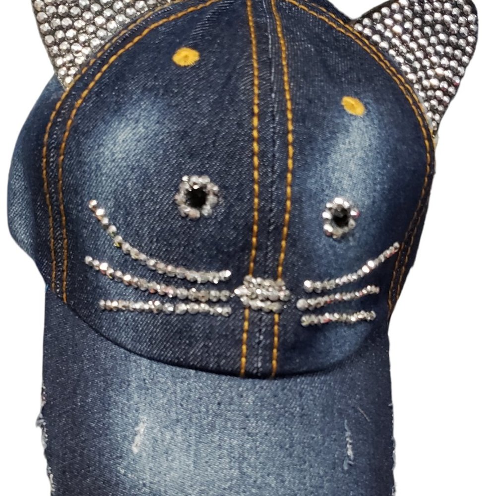 Bling Kitty with Ears Denim Cap